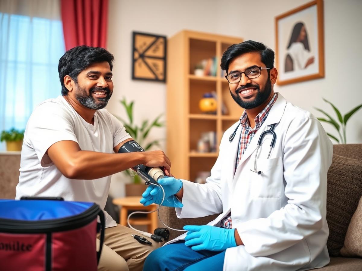 Phlebotomist collecting sample at home